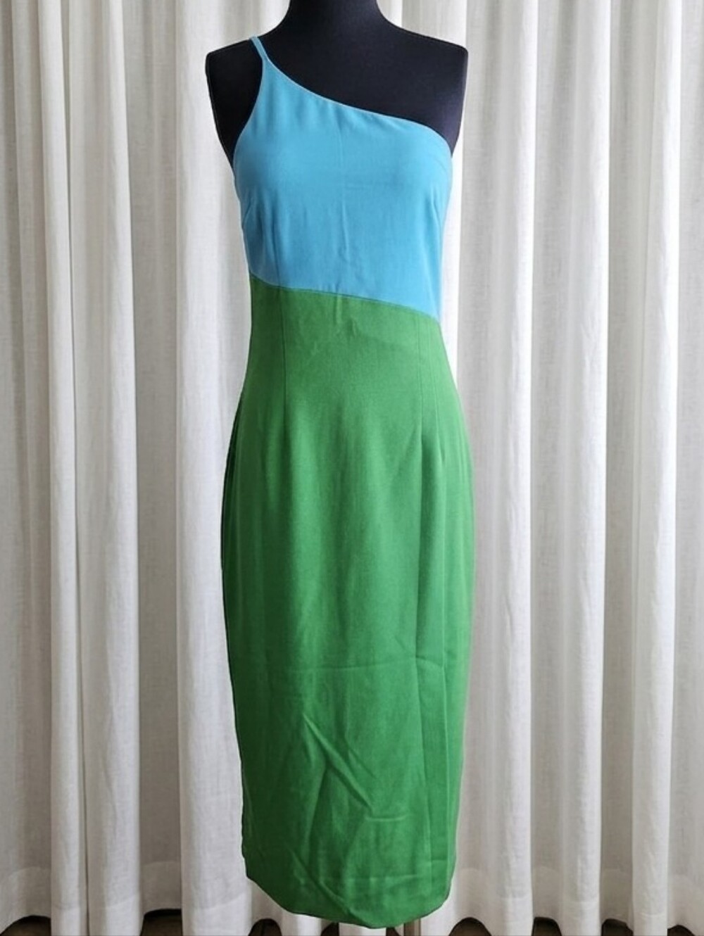 Petal & Pup Two-Tone One-Shoulder Blue and Green Midi Dress